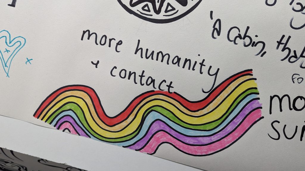 Image of a doodled rainbow with the words 'more humanity and contact'.